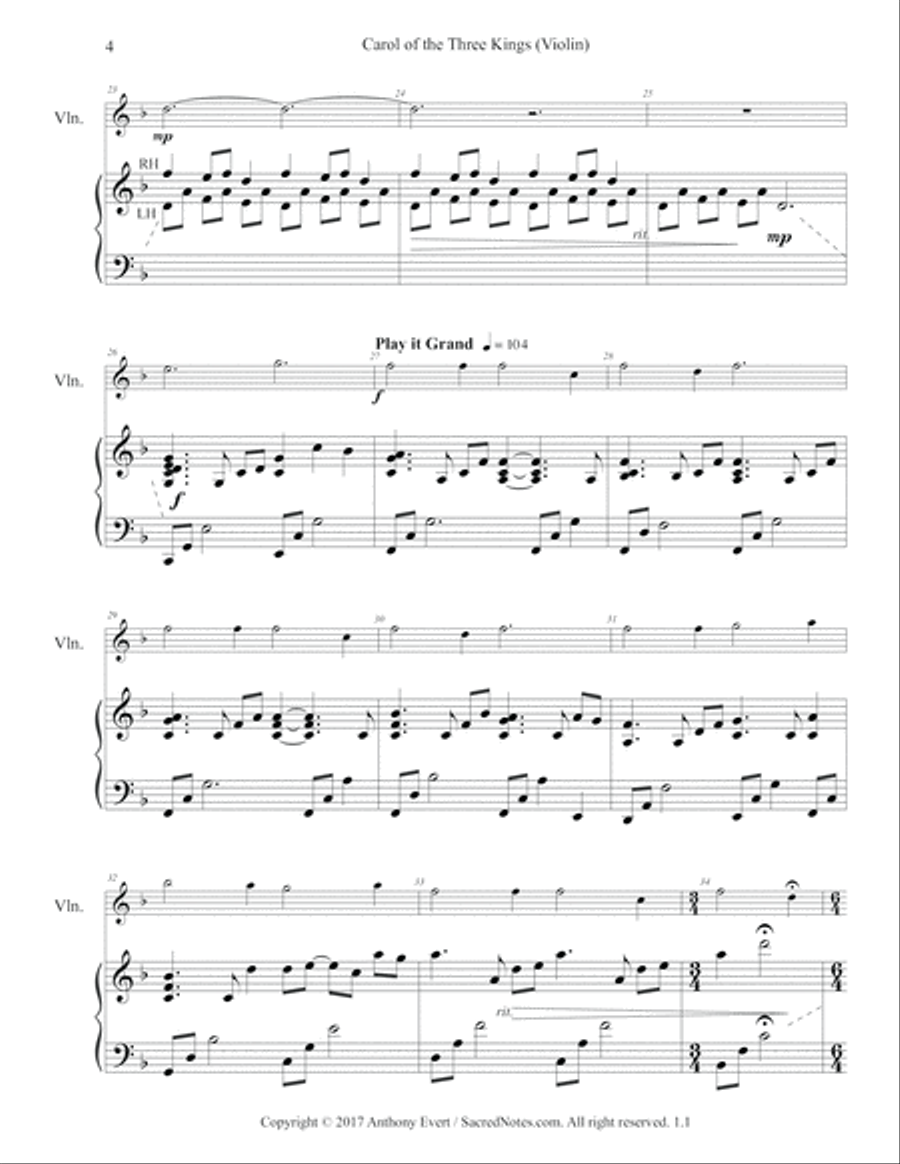 Carol of the Three Kings-Violin & Piano (We Three Kings with Carol of the Bells) Violin Solo scores gallery preview page 4