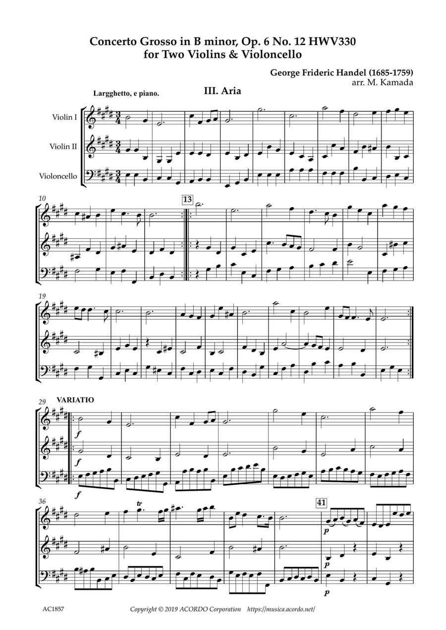 Aria from Concerto Grosso, Op.6-12 HWV330 for Two Violins & Violoncello String Quartet scores gallery preview page 1