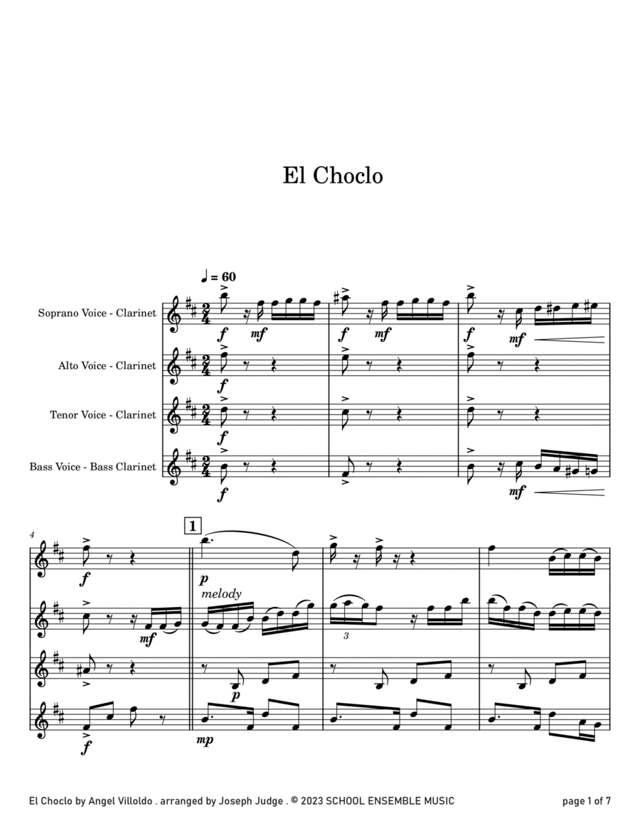 El Choclo by Villoldo for Clarinet Quartet in Schools Clarinet Quartet scores gallery preview page 1