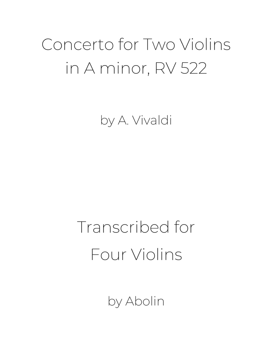 Vivaldi: Concerto for 2 Violins in A minor, Op.3 No.8, RV 522, Arranged for Violin Quartet Chamber Music scores gallery preview page 1