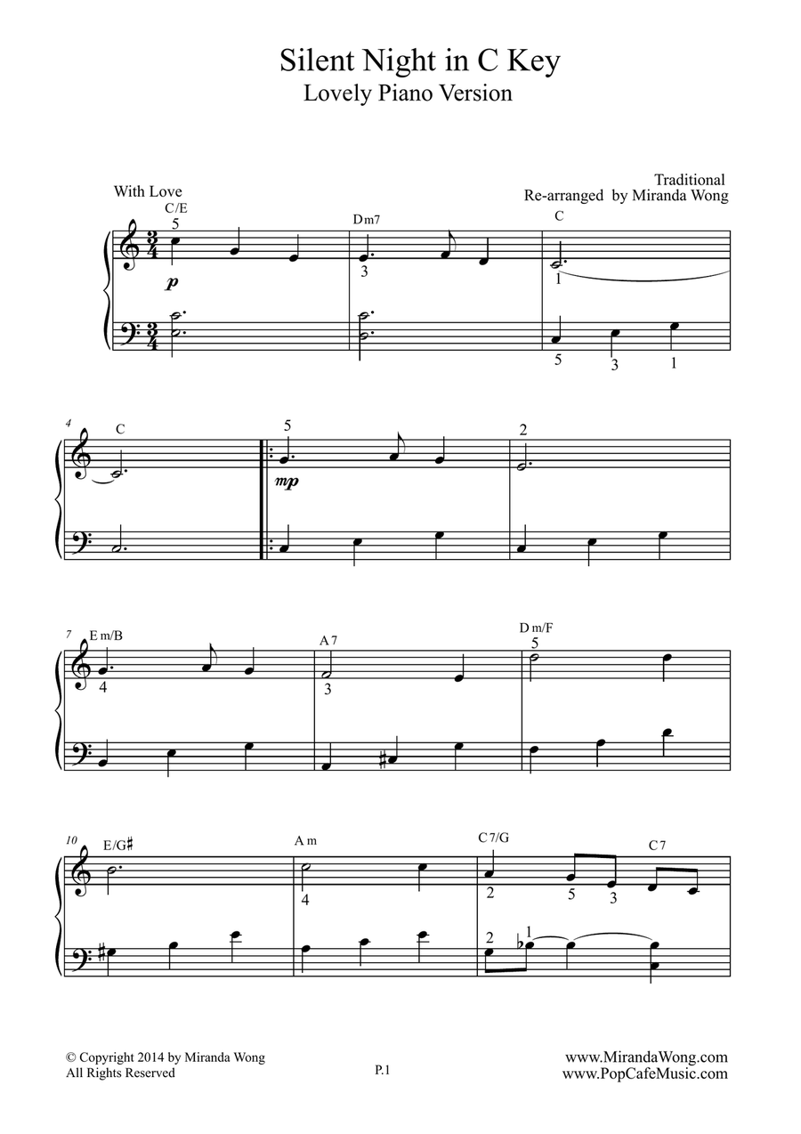 Silent Night in C Key - Easy Piano Solo (Lovely Version) by Traditional Easy Piano - Digital Sheet Music