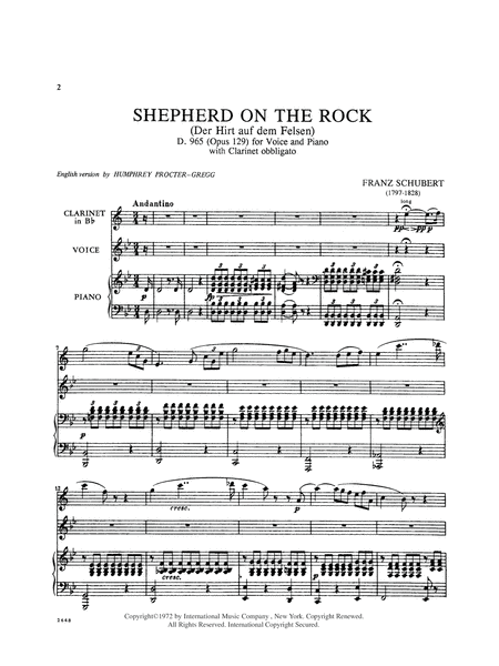 Der Hirt Auf Dem Felsen (The Shepherd On The Rock) Opus 129 (With B Flat Clar. Obl.) (G. & E.)