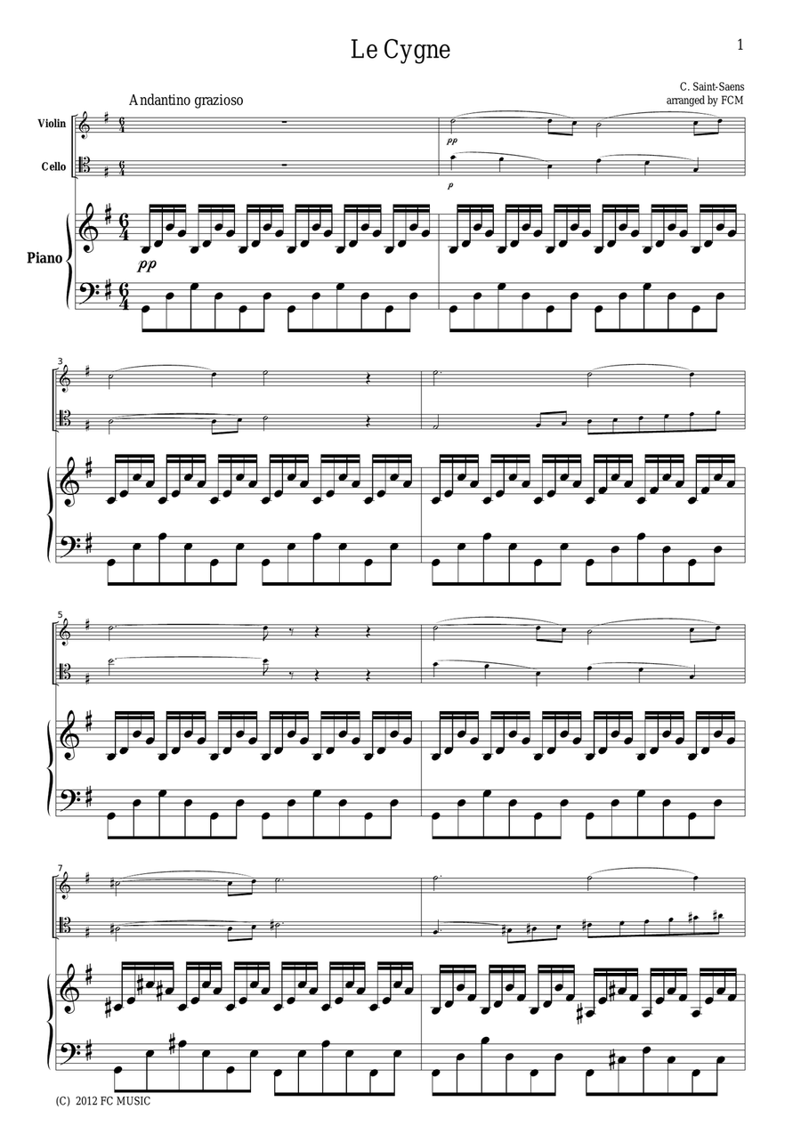 Saint-Saens Le Cygne, for piano trio, PS201 Piano Trio scores gallery preview page 1
