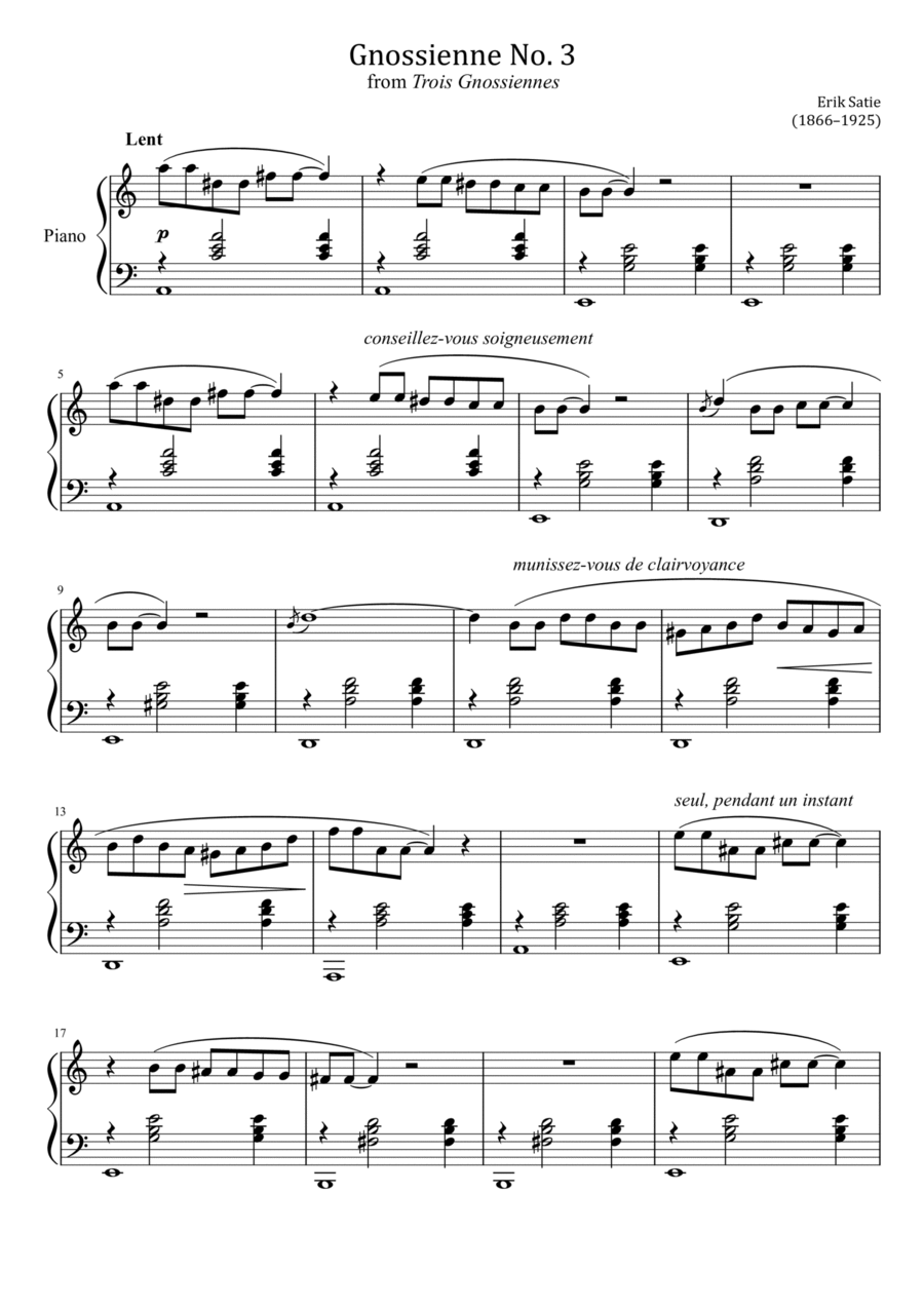Erik Satie - Gnossiennes No.3 - from Trois Gnossiennes - Original For Piano Solo Piano Solo scores gallery preview page 1