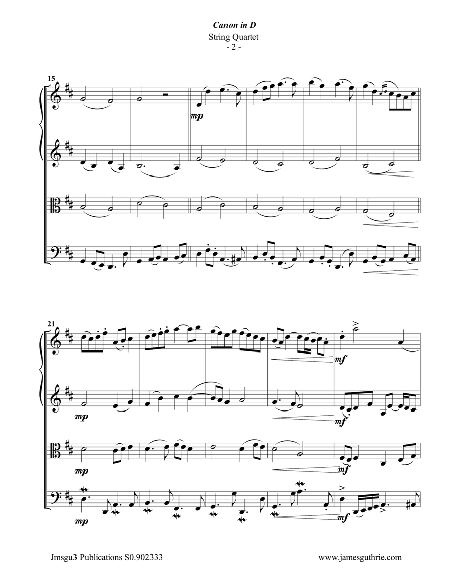 Pachelbel: Canon in D for String Quartet String Quartet scores gallery preview page 2