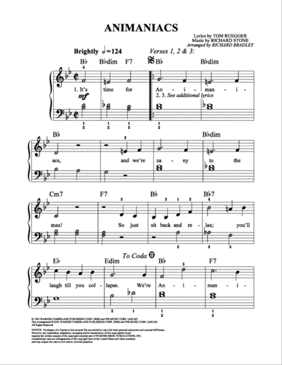 Animaniacs Easy Piano scores gallery preview page 1