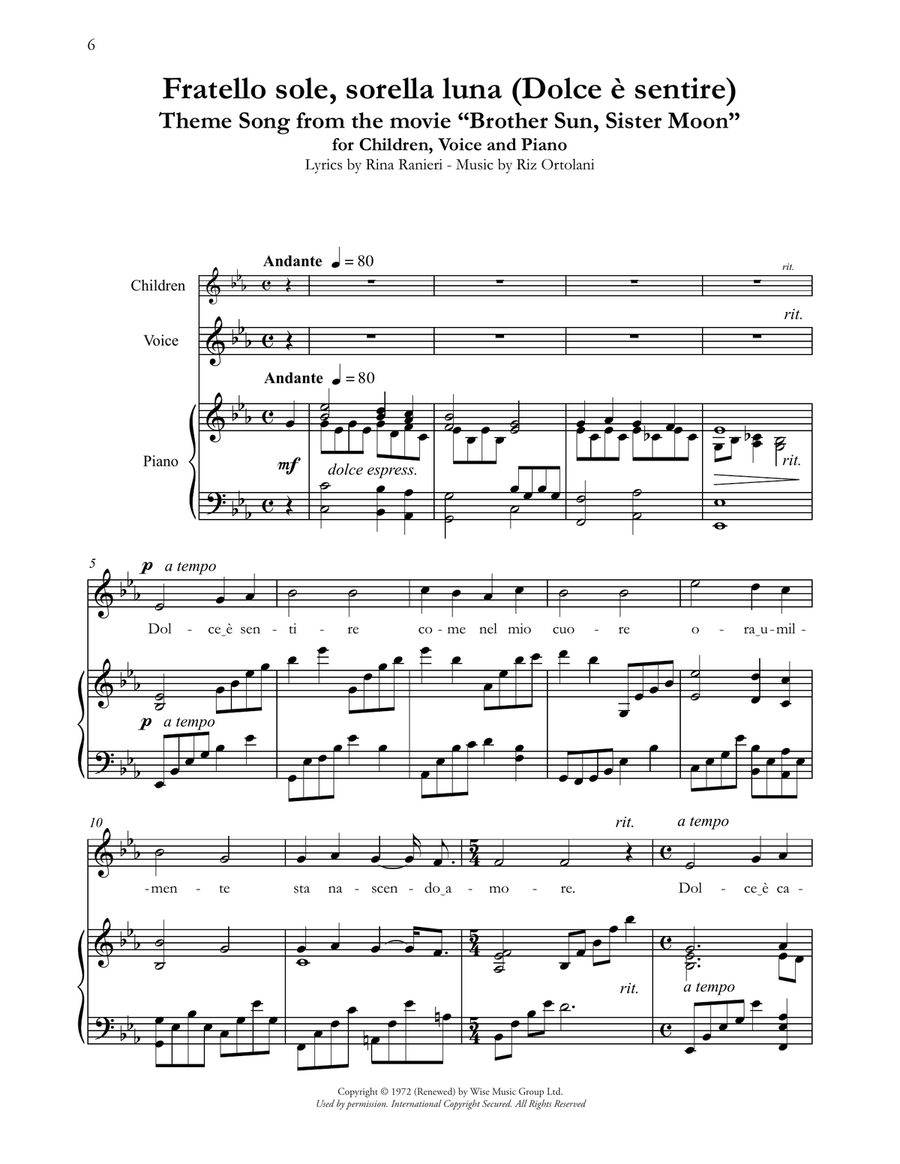 Fratello Sole, Sorella Luna (Dolce è sentire) (Theme from Brother Sun, Sister Moon) Voice scores gallery preview page 1