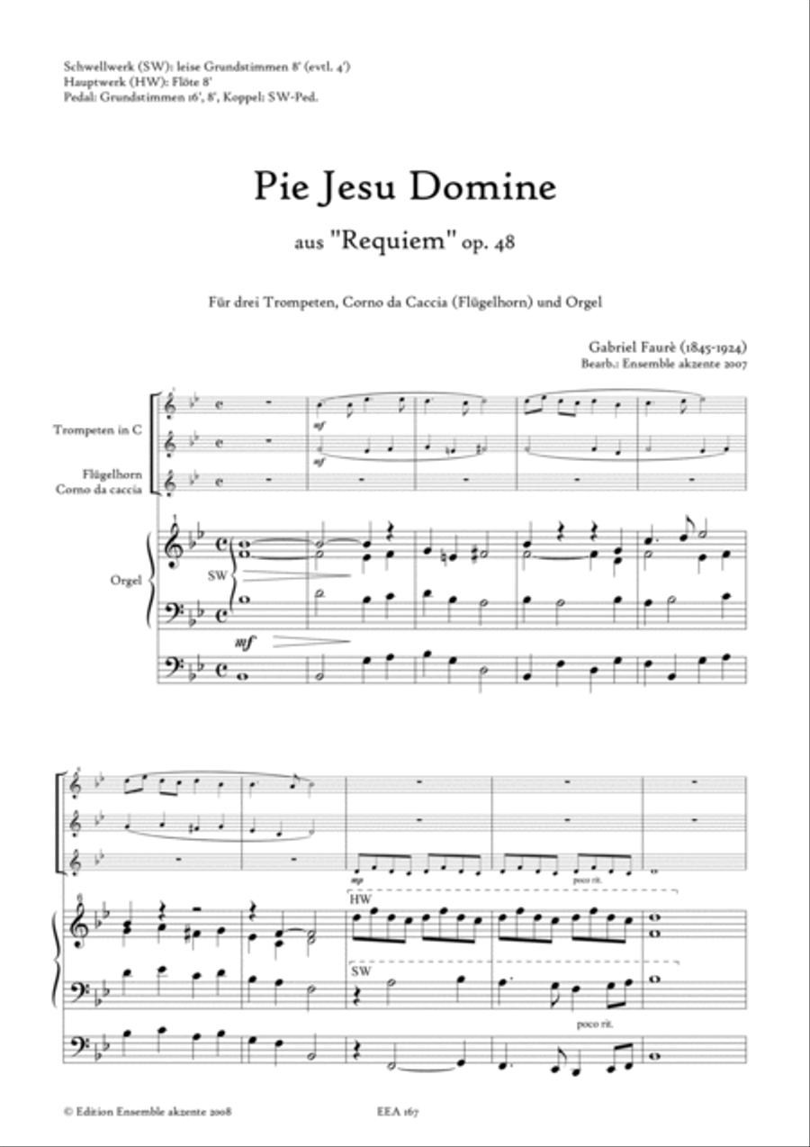 Pie Jesu Domine from "Requiem" op.48 - arrangement for three trumpets and organ image number null