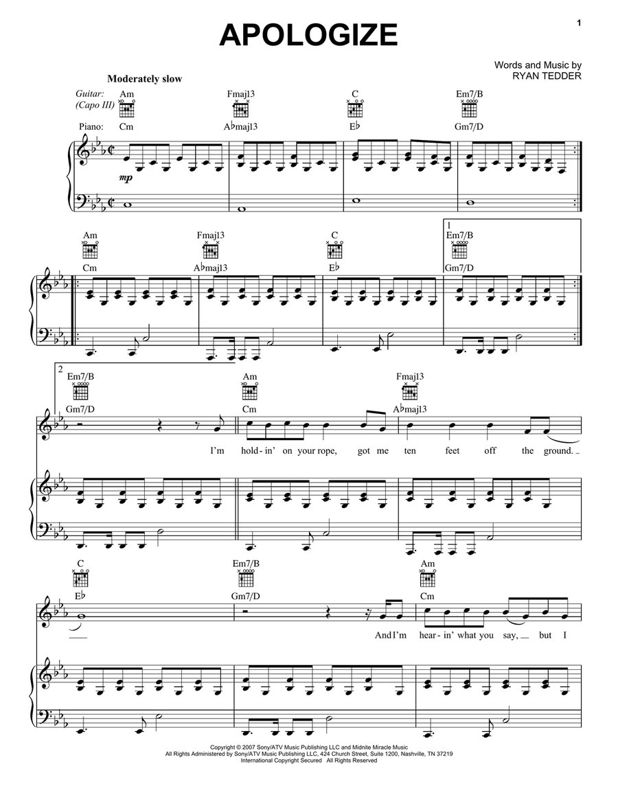 Apologize (feat. OneRepublic) Piano, Vocal scores gallery preview page 1