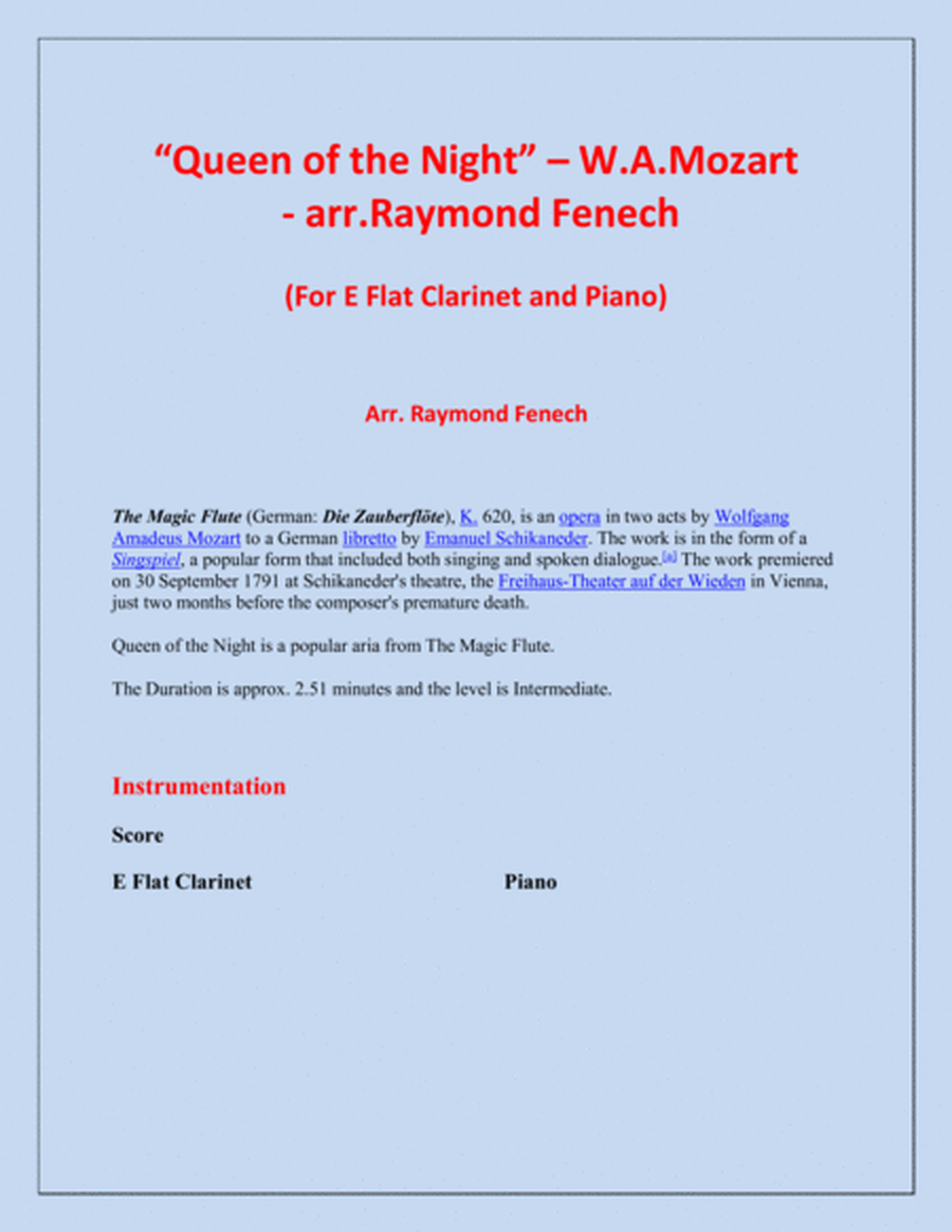 Queen of the Night - From the Magic Flute - E Flat Clarinet and Piano image number null