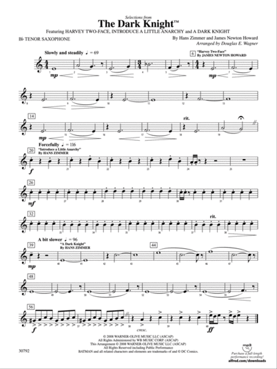 The Dark Knight, Selections from: B-flat Tenor Saxophone Concert Band scores gallery preview page 1