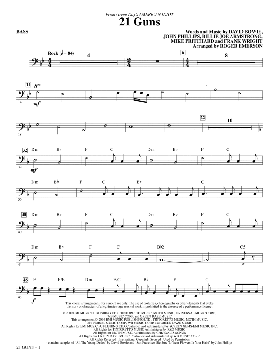 21 Guns (from American Idiot) (arr. Roger Emerson) - Bass Choir scores gallery preview page 1