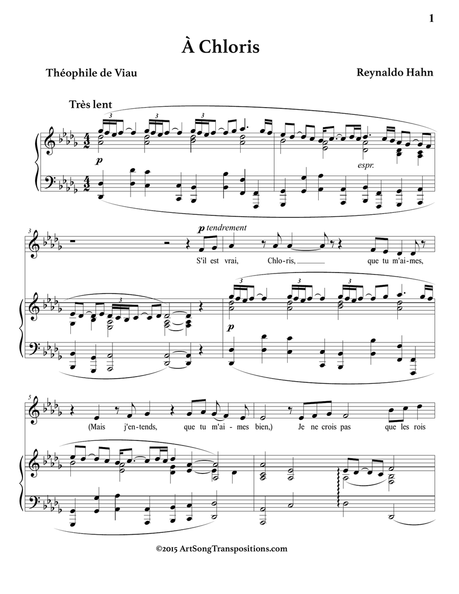 HAHN: À Chloris (in 3 low keys: D, D-flat, C major) Piano, Vocal scores gallery preview page 5
