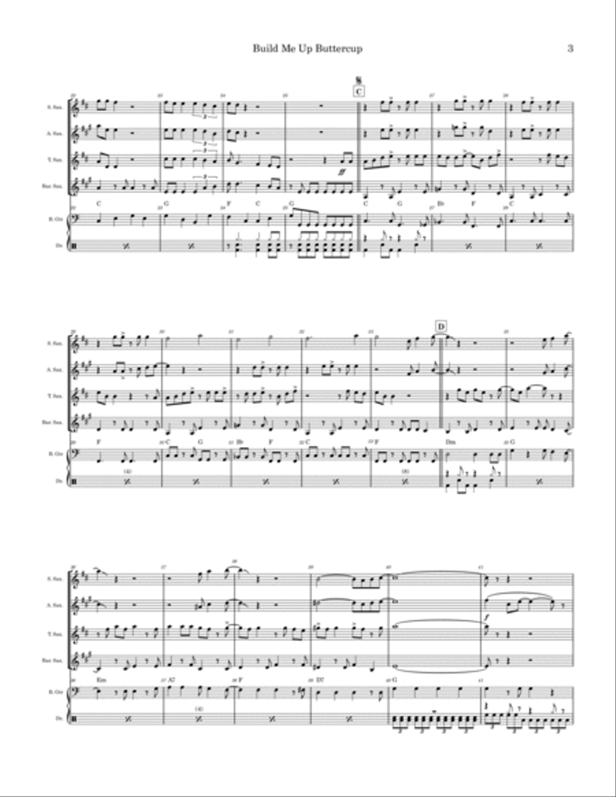 Build Me Up, Buttercup Saxophone Quartet scores gallery preview page 3