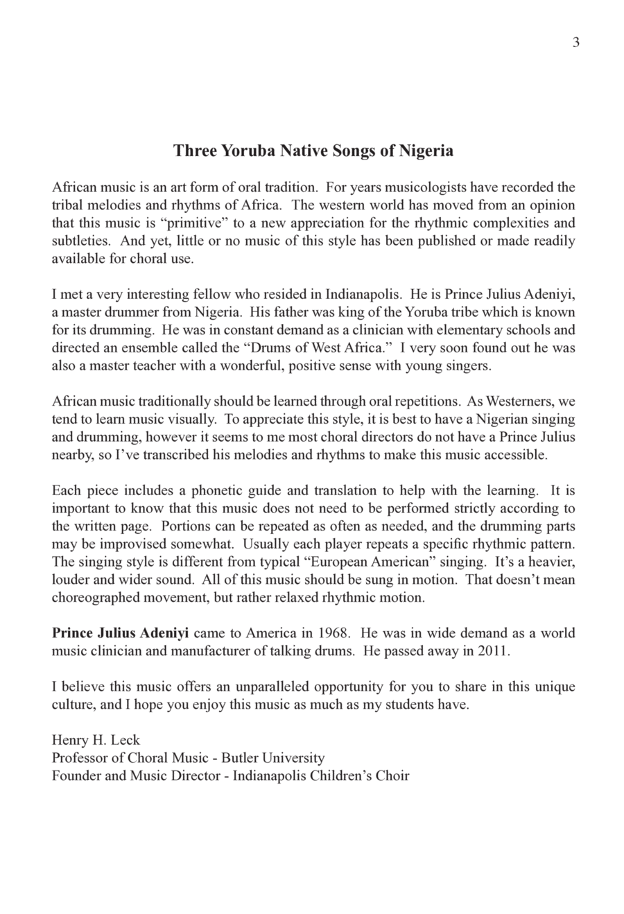 Three Yoruba Native Songs of Nigeria Unison Choir scores gallery preview page 1