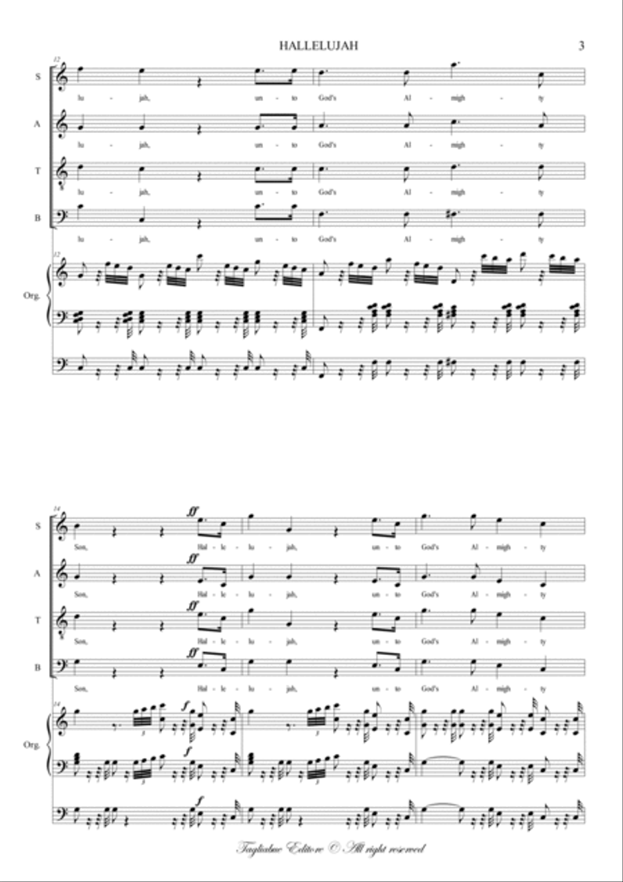 HALLELUJAH (from Christ in the mount of Olives) - Arr. for SATB Choir and Organ (3 staff). With Orga 4-Part scores gallery preview page 3