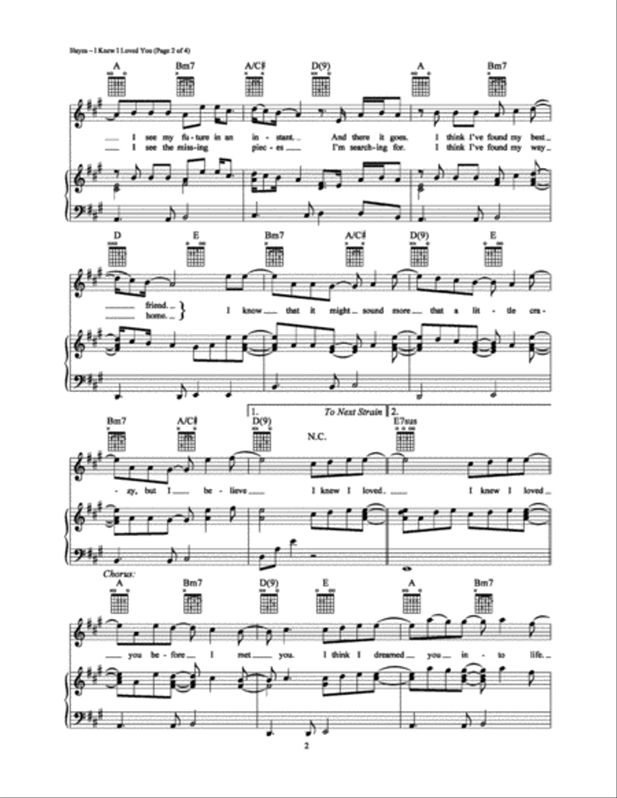 I Knew I Loved You Piano, Vocal, Guitar scores gallery preview page 2