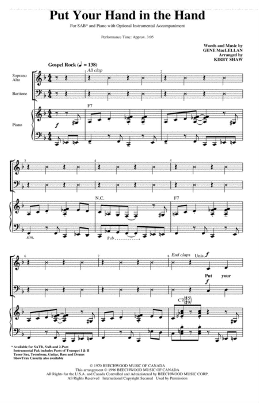 Put Your Hand In The Hand (arr. Kirby Shaw) 3-Part scores gallery preview page 1