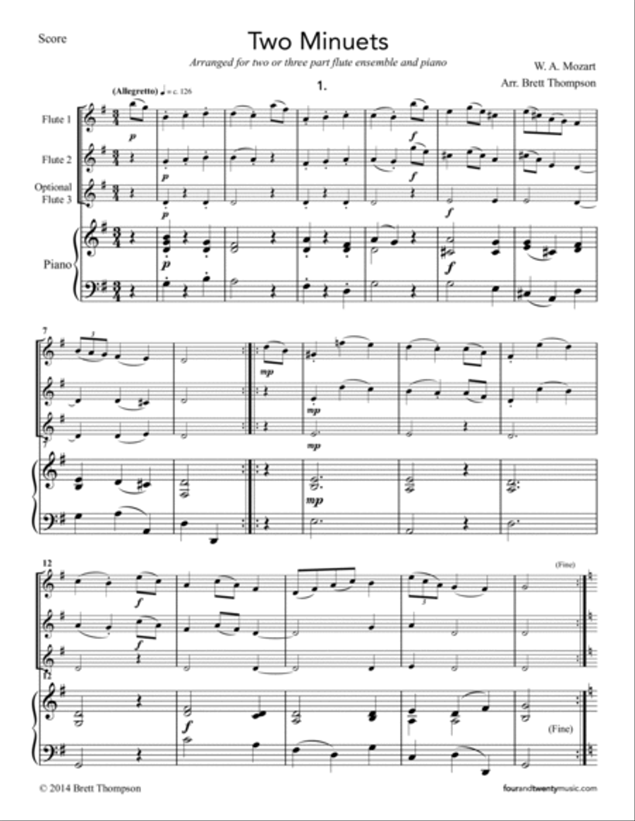 Two Minuets, for two or three flutes and piano Small Ensemble scores gallery preview page 2