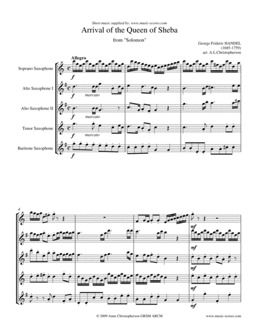 Arrival of the Queen of Sheba - Sax Quintet (Soprano Sax, 2 Alto Sax, Tenor Sax and Baritone Sax) image number null