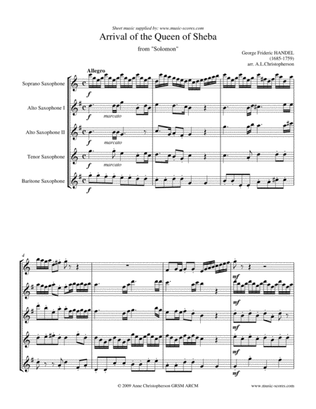 Book cover for Arrival of the Queen of Sheba - Sax Quintet (Soprano Sax, 2 Alto Sax, Tenor Sax and Baritone Sax)