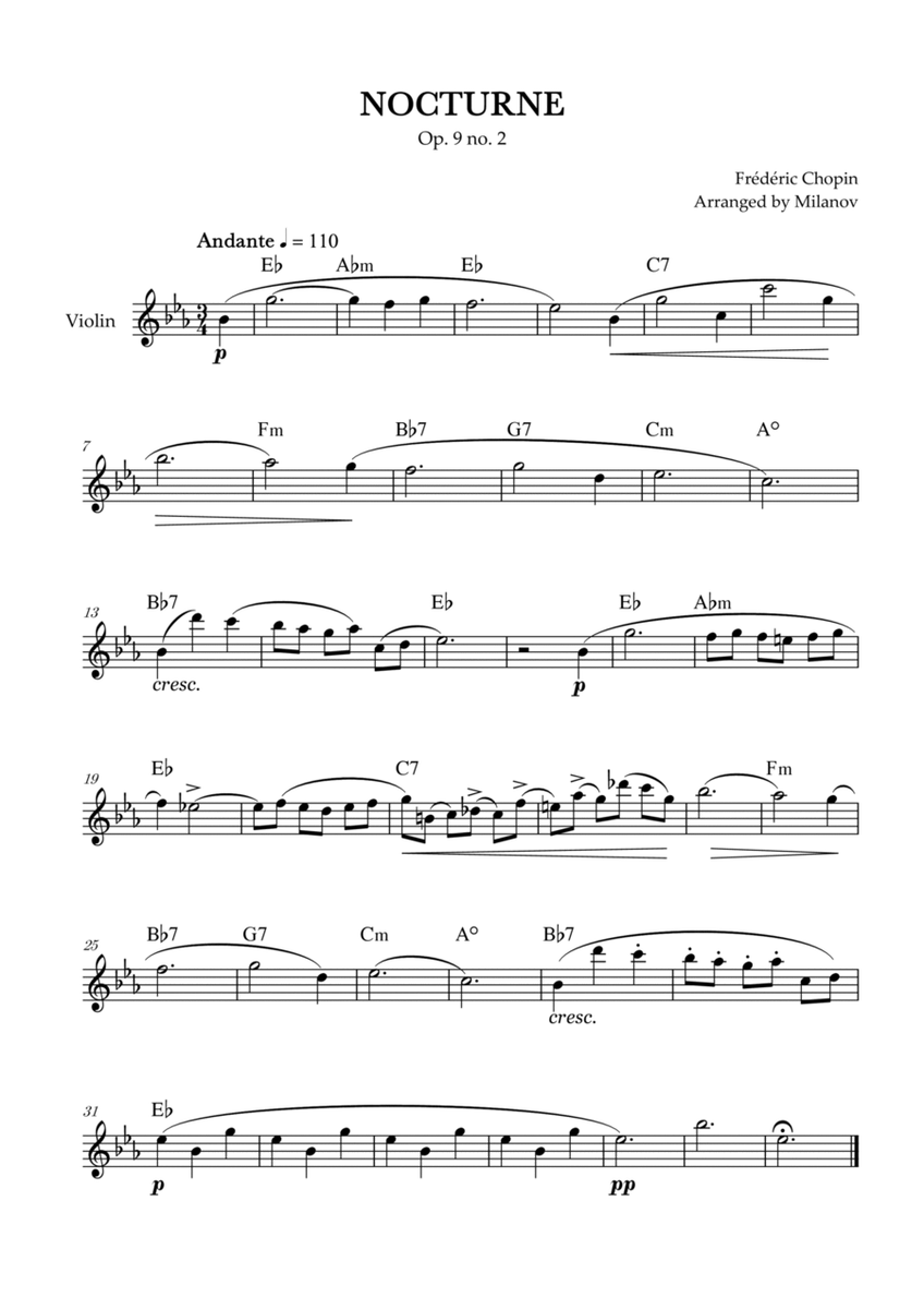Chopin Nocturne op. 9 no. 2 | Violin | E-flat Major | Chords | Easy beginner image number null