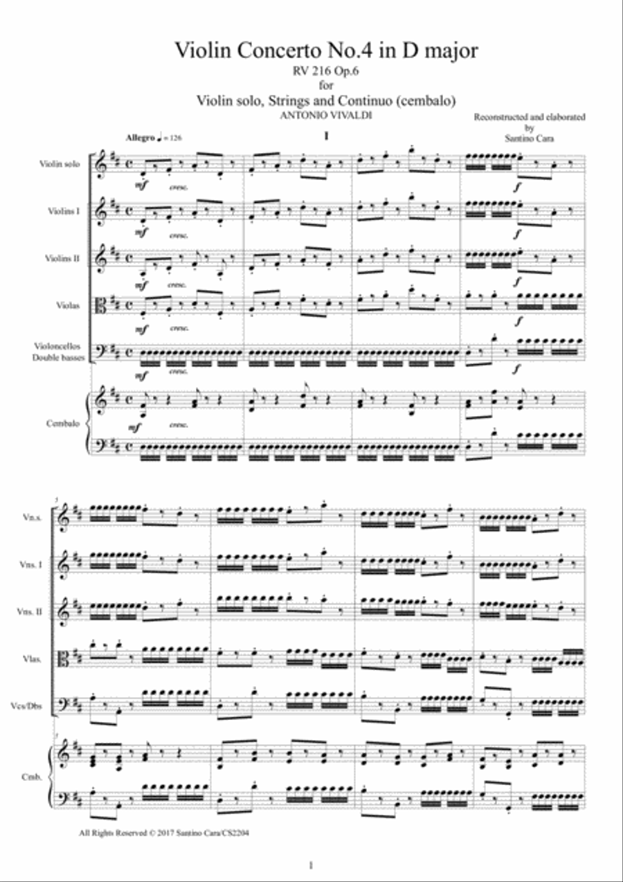 Vivaldi - Concerto No.4 in D major RV 216 Op.6 for Violin, Strings and Continuo Chamber Orchestra scores gallery preview page 1