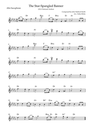 The Star Spangled Banner (USA National Anthem) for Alto Saxophone Solo with Chords (E Major)