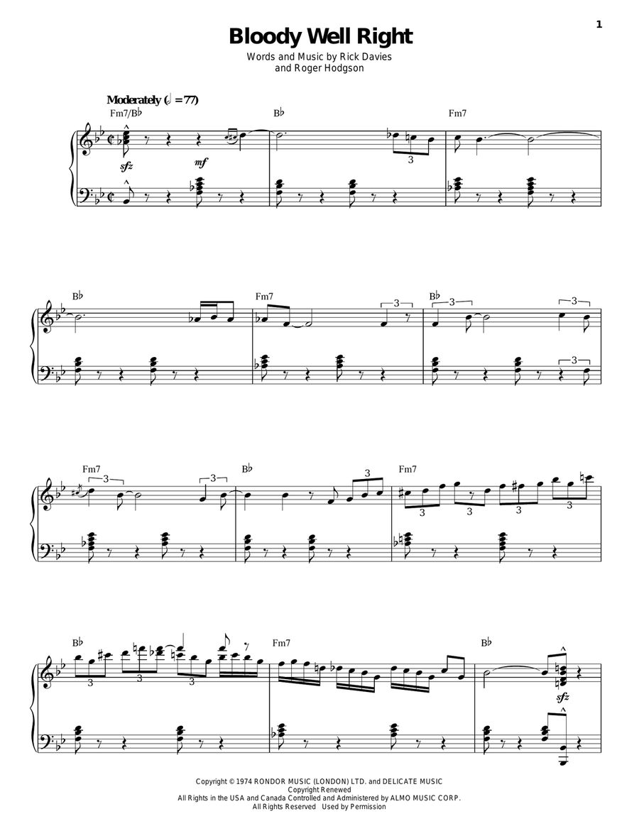 Bloody Well Right Piano, Vocal scores gallery preview page 1
