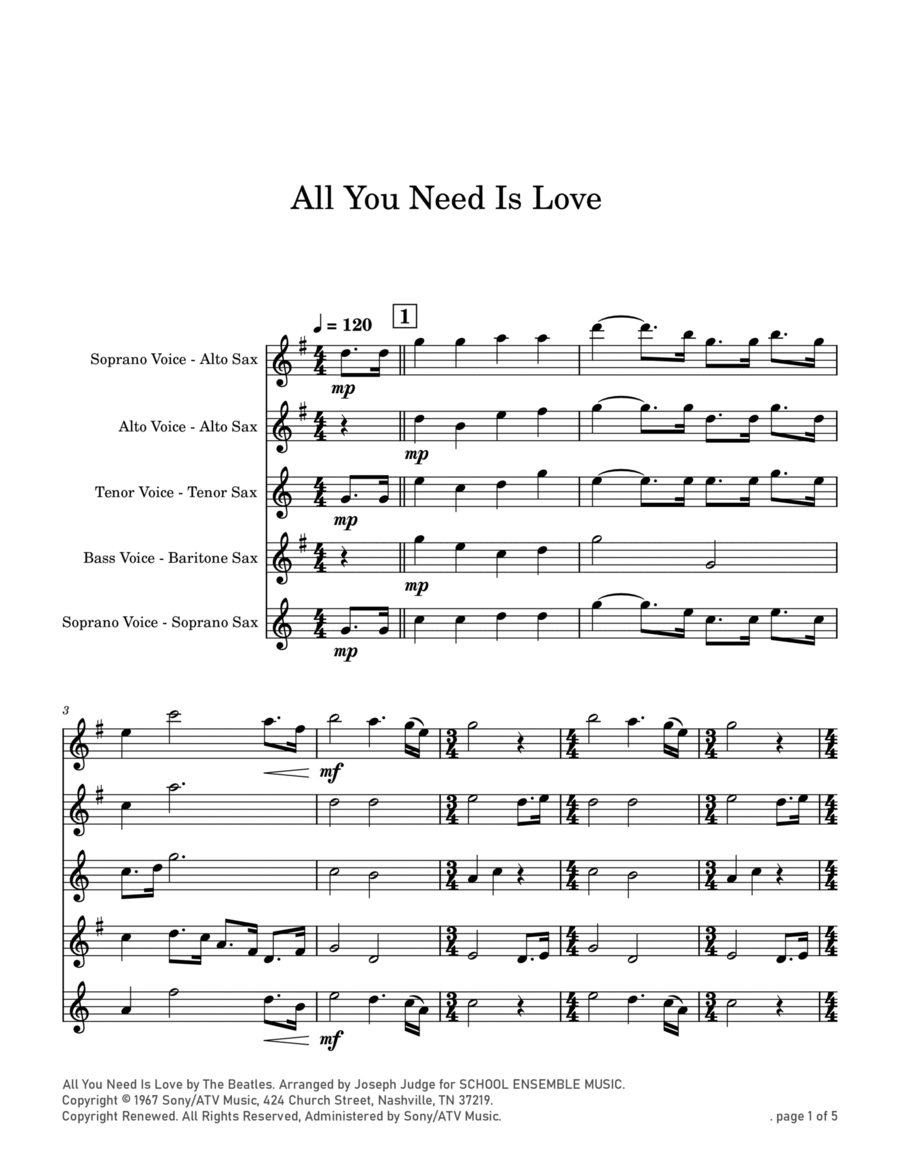 All You Need Is Love Saxophone Quartet scores gallery preview page 1