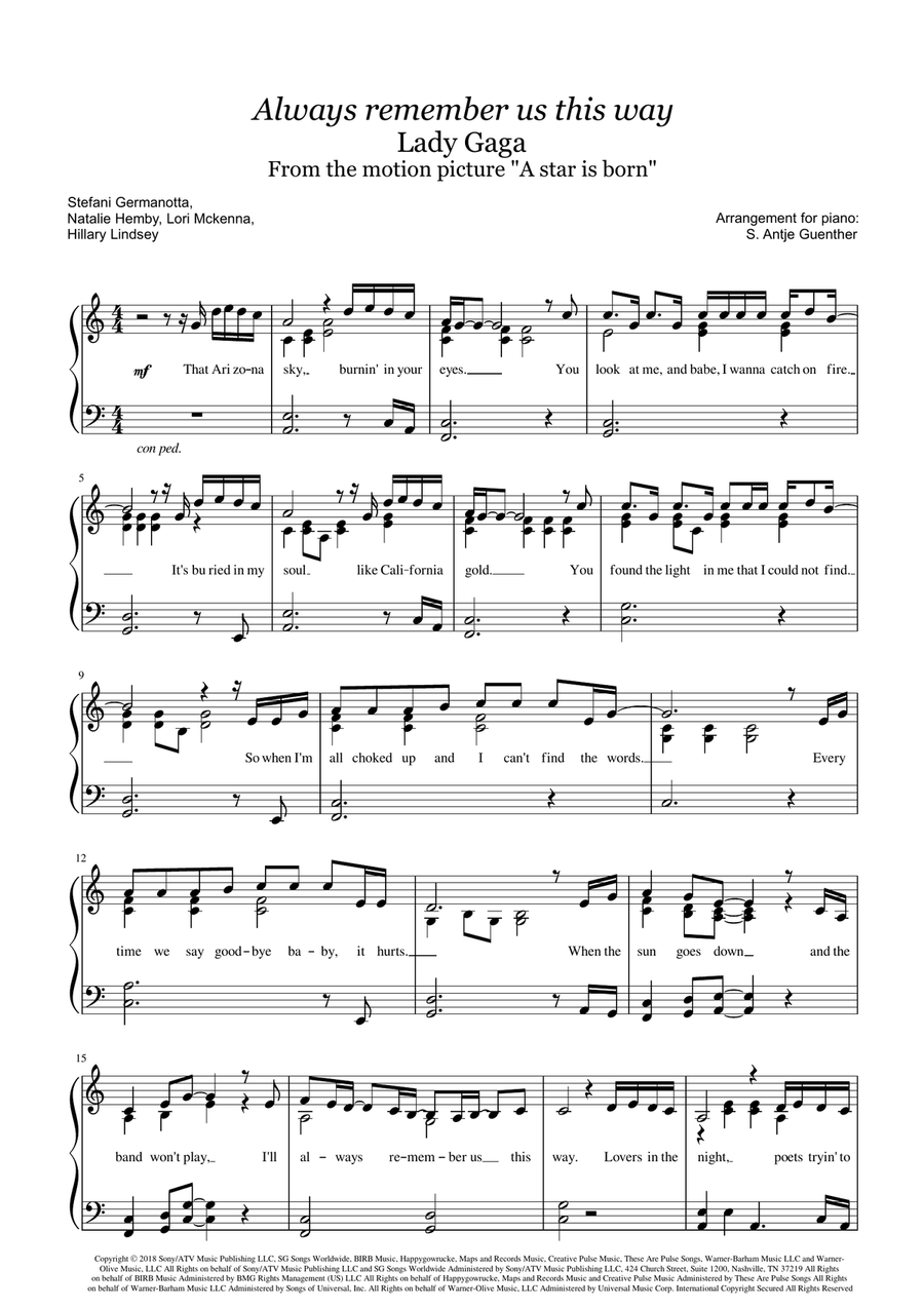 Always Remember Us This Way Piano Solo scores gallery preview page 1