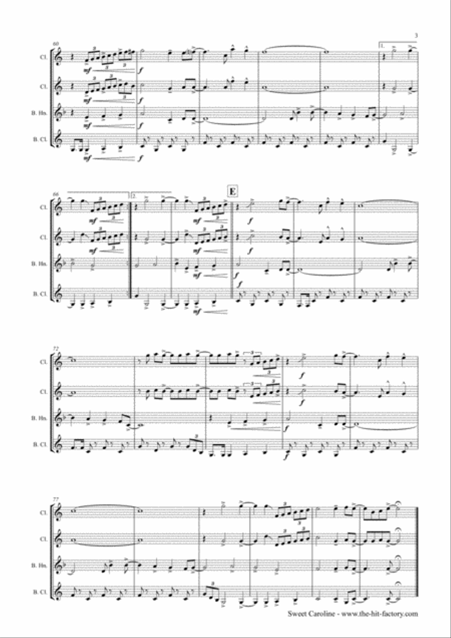 Sweet Caroline Clarinet Quartet scores gallery preview page 3