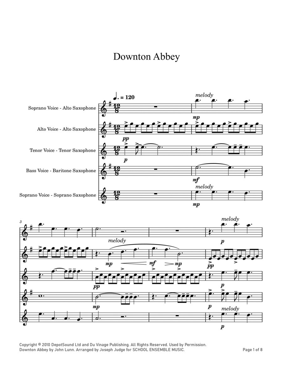 Downton Abbey (theme) Saxophone Quartet scores gallery preview page 1