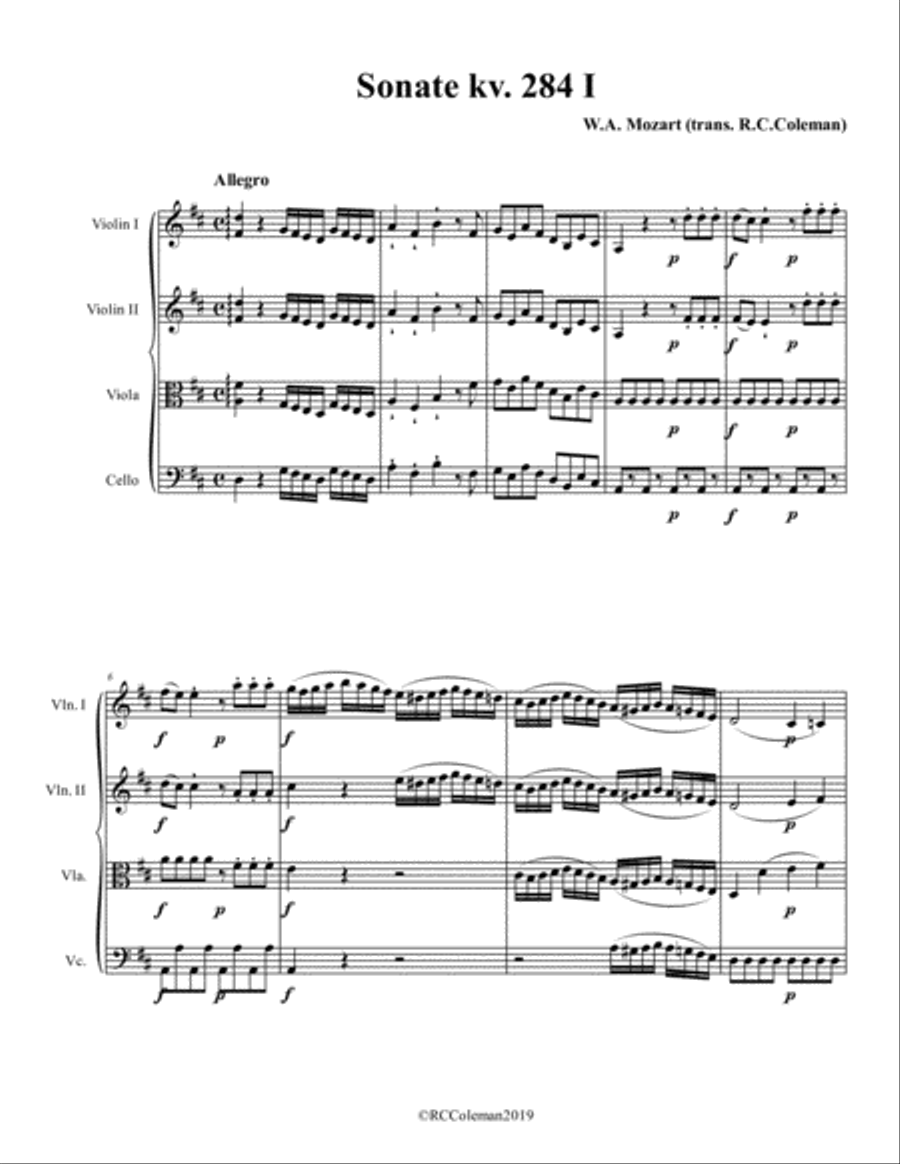 Mozart Sonata kv. 284 for String quartet String Quartet scores gallery preview page 3