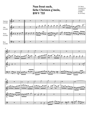 Nun freut euch, lieben Christen g'mein BWV 755 (arrangement for 4 recorders)