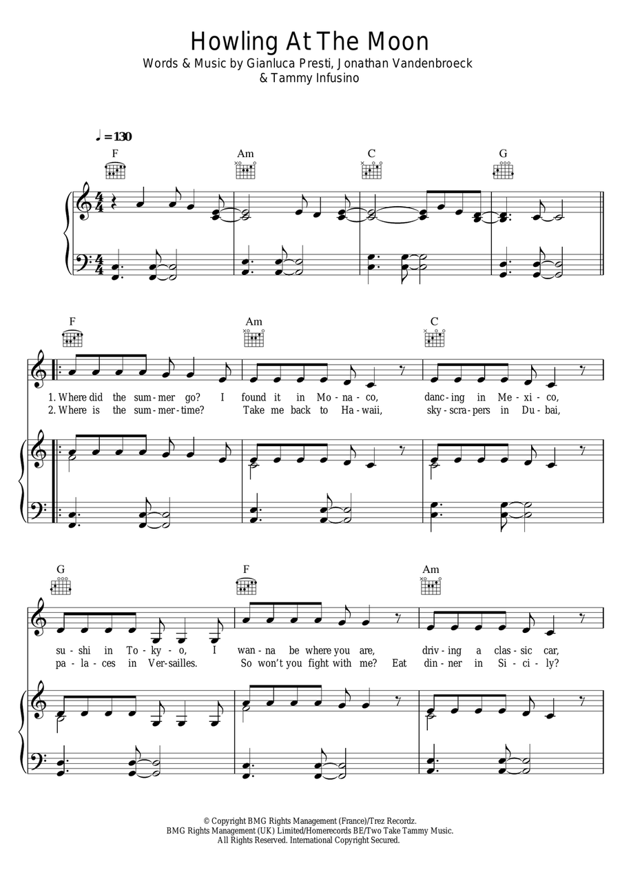 Howling At The Moon Piano, Vocal scores gallery preview page 1