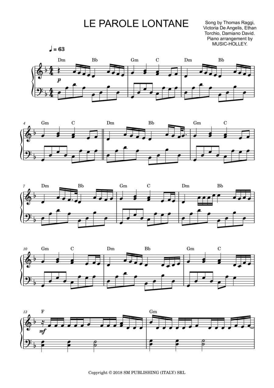 Le Parole Lontane Piano, Vocal, Guitar scores gallery preview page 1