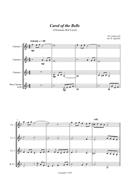 Carol of the Bells (Ukrainian Bell Carol) - Jazz Arrangement for Clarinet Quartet image number null