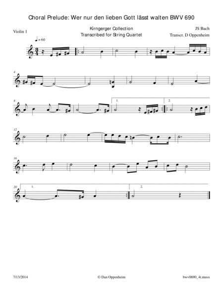 Bach: "Wer nur den lieben Gott lässt walten" BWV 690 for String Quartet image number null