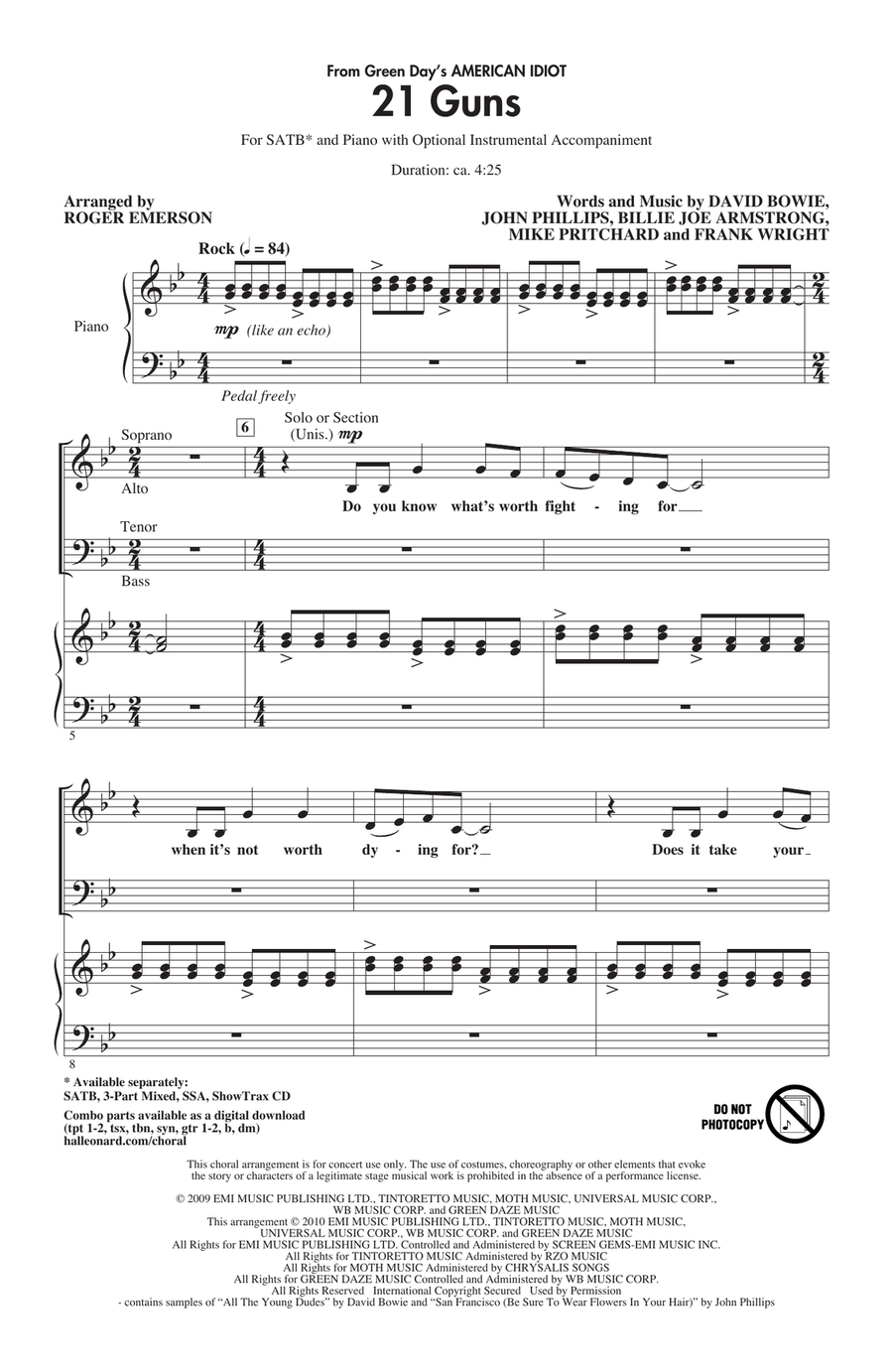 21 Guns (from Green Day's American Idiot) (arr. Roger Emerson) 4-Part scores gallery preview page 1