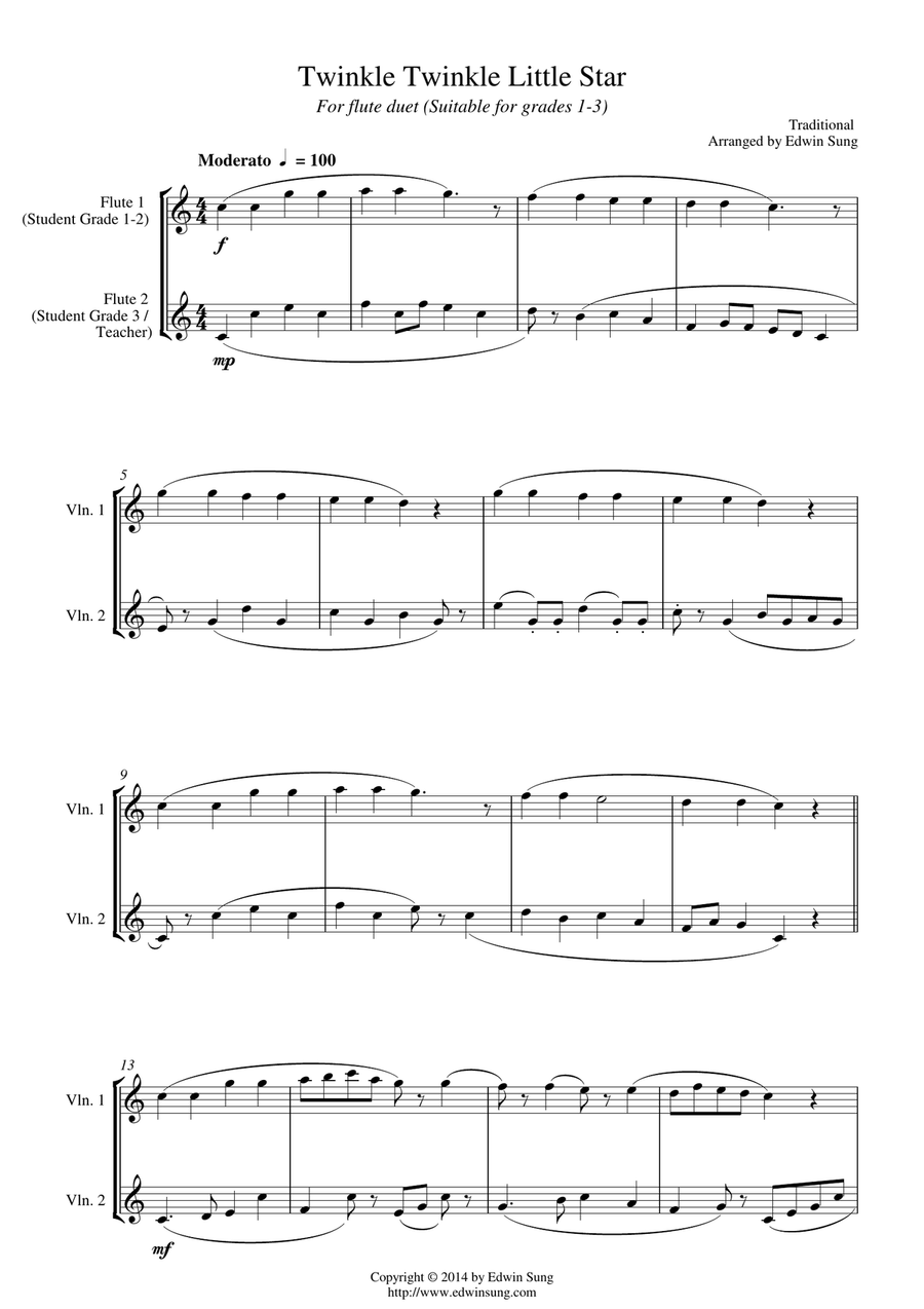 Twinkle Twinkle Little Star (for flute duet, suitable for grades 1-3) Flute Duet scores gallery preview page 1