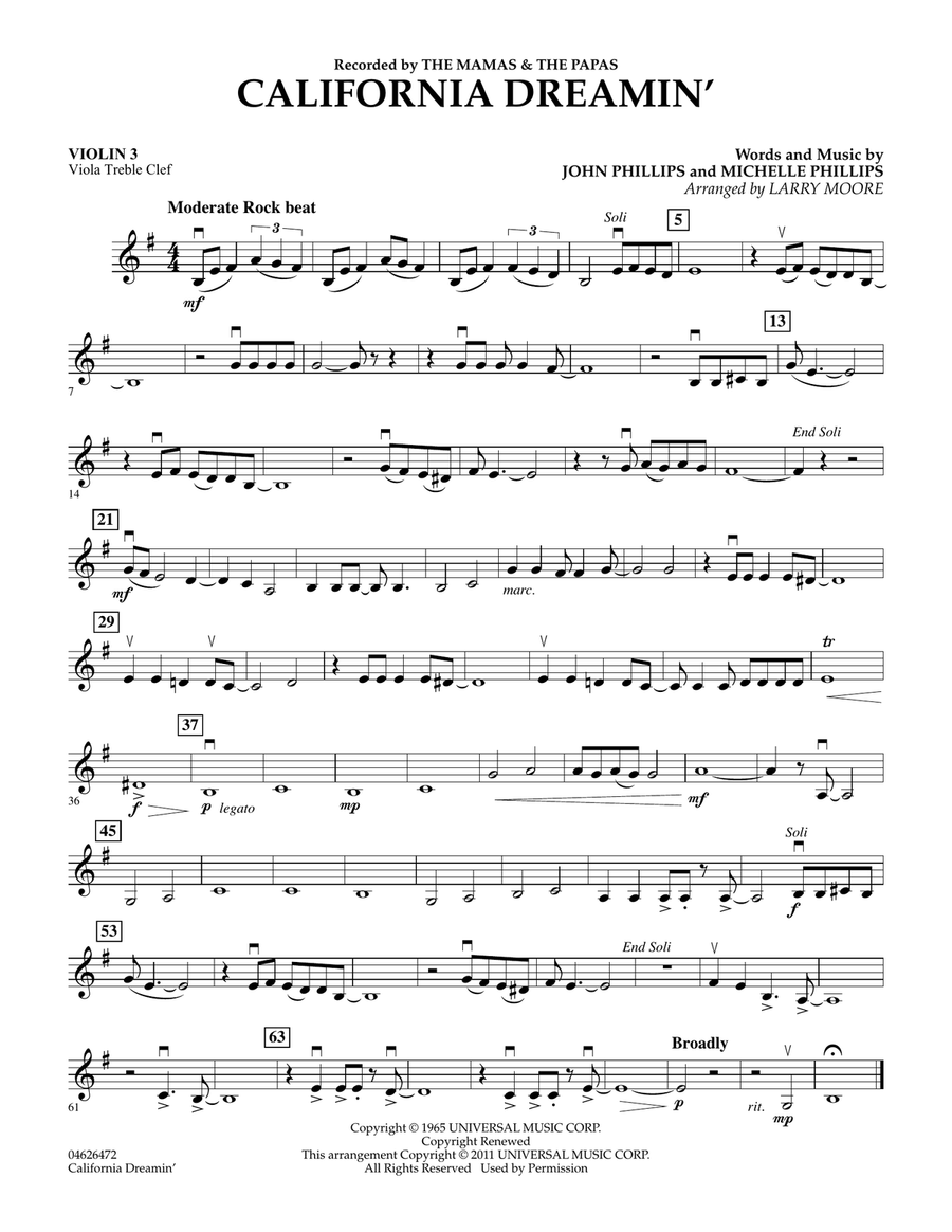 California Dreamin' - Violin 3 (Viola Treble Clef) Orchestra scores gallery preview page 1