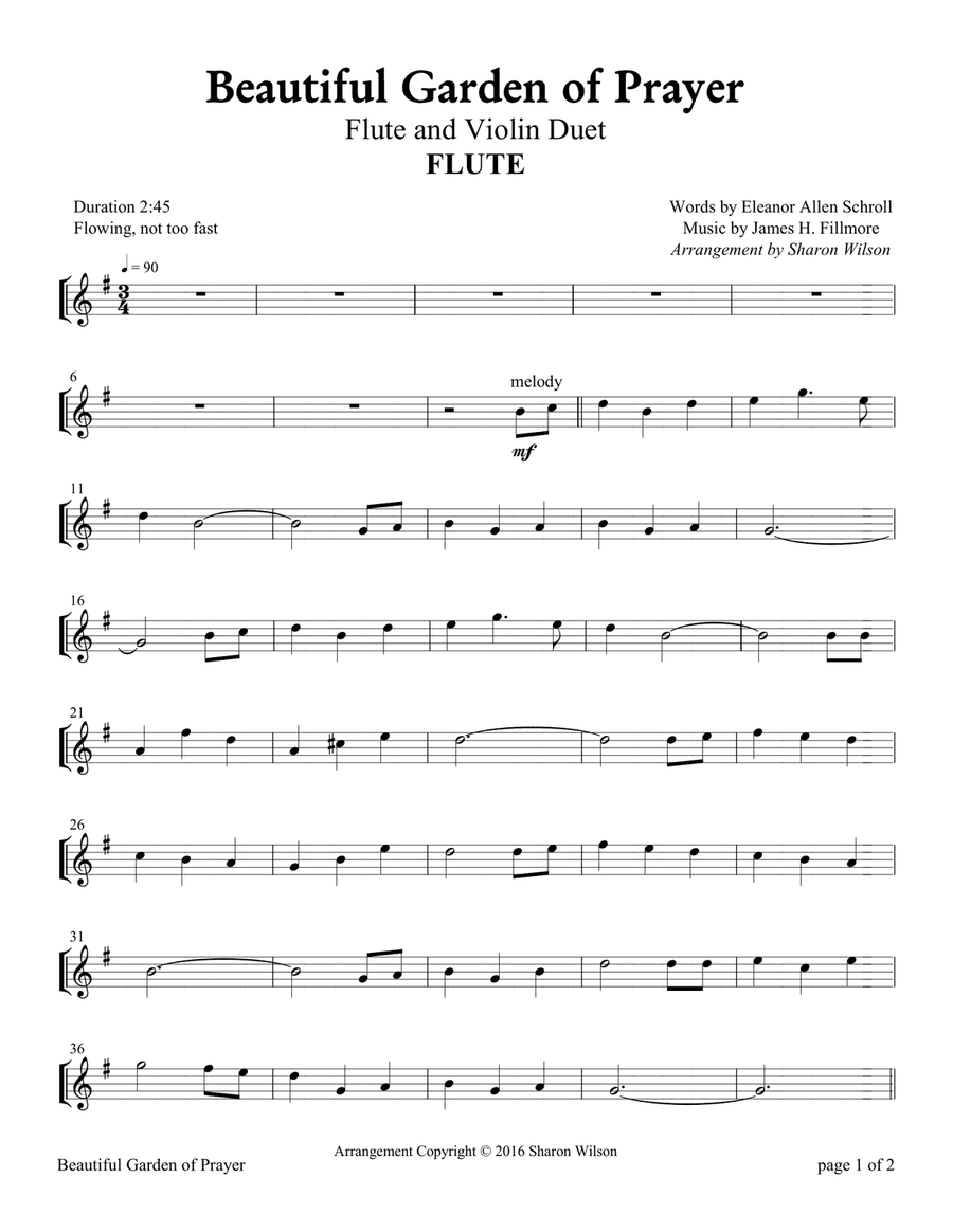 Beautiful Garden of Prayer (Flute and Violin Duet with Piano accompaniment) Flute scores gallery preview page 1