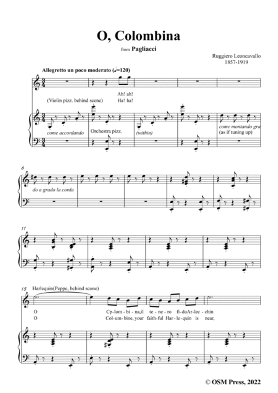 Leoncavallo-O,Colombina,in a minor,from 'Pagliacci(Dramma in due atti)',for Voice and Piano Voice Solo scores gallery preview page 3