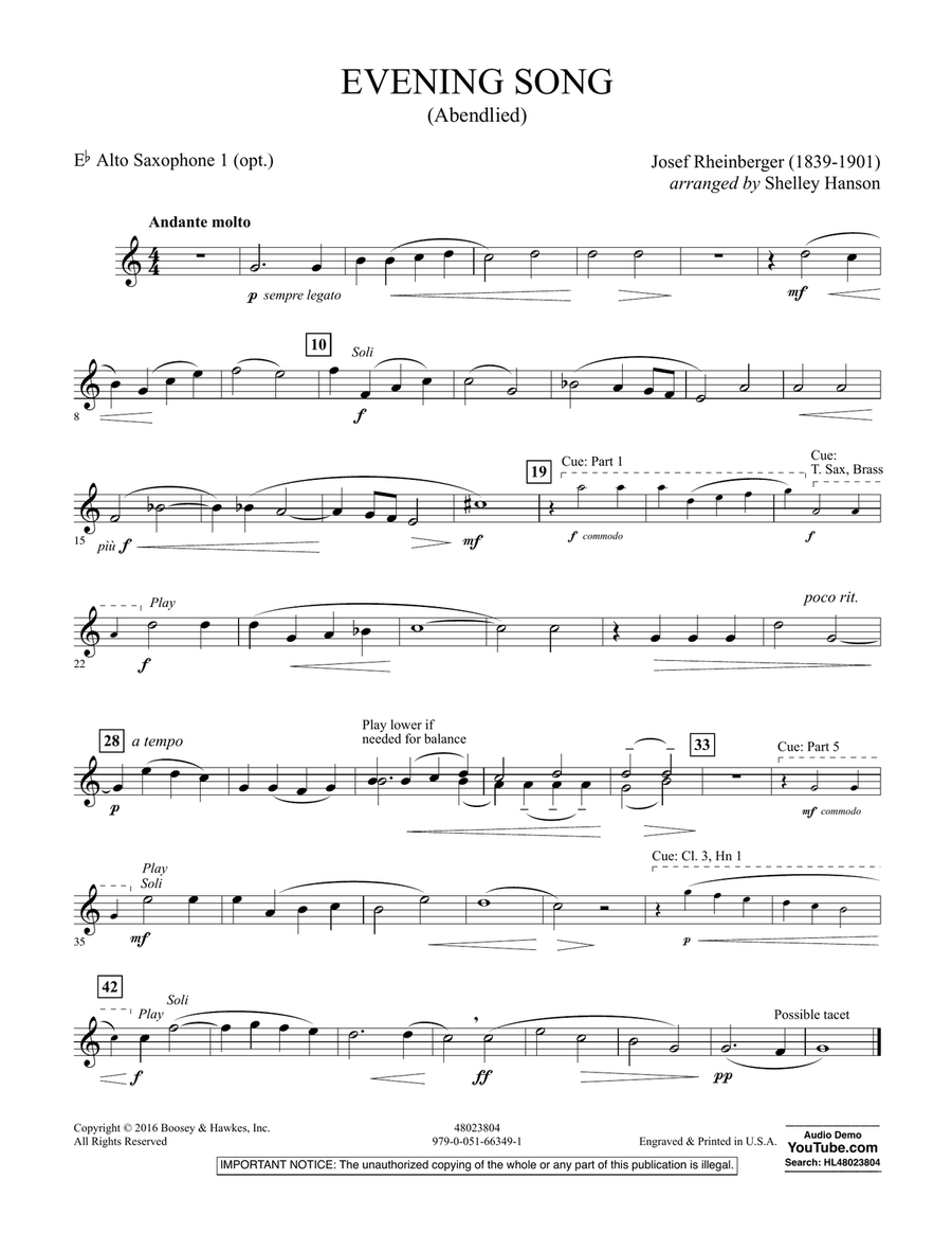 Evening Song (Abendlied) - Eb Alto Saxophone 1 Concert Band scores gallery preview page 1