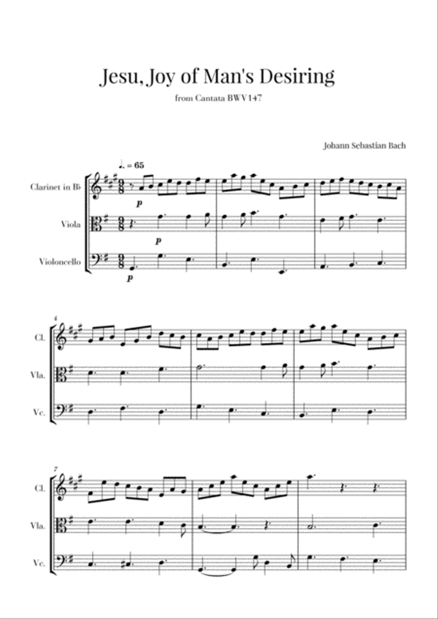 Bach - Jesu, Joy of Man's Desiring for Clarinet, Viola and Cello Small Ensemble scores gallery preview page 1
