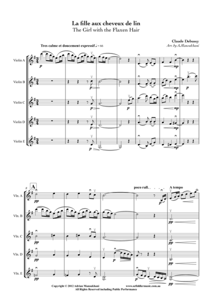 La fille aux cheveux de lin (The Girl with the Flaxen Hair), by Claude Debussy, arranged for 5 violi image number null