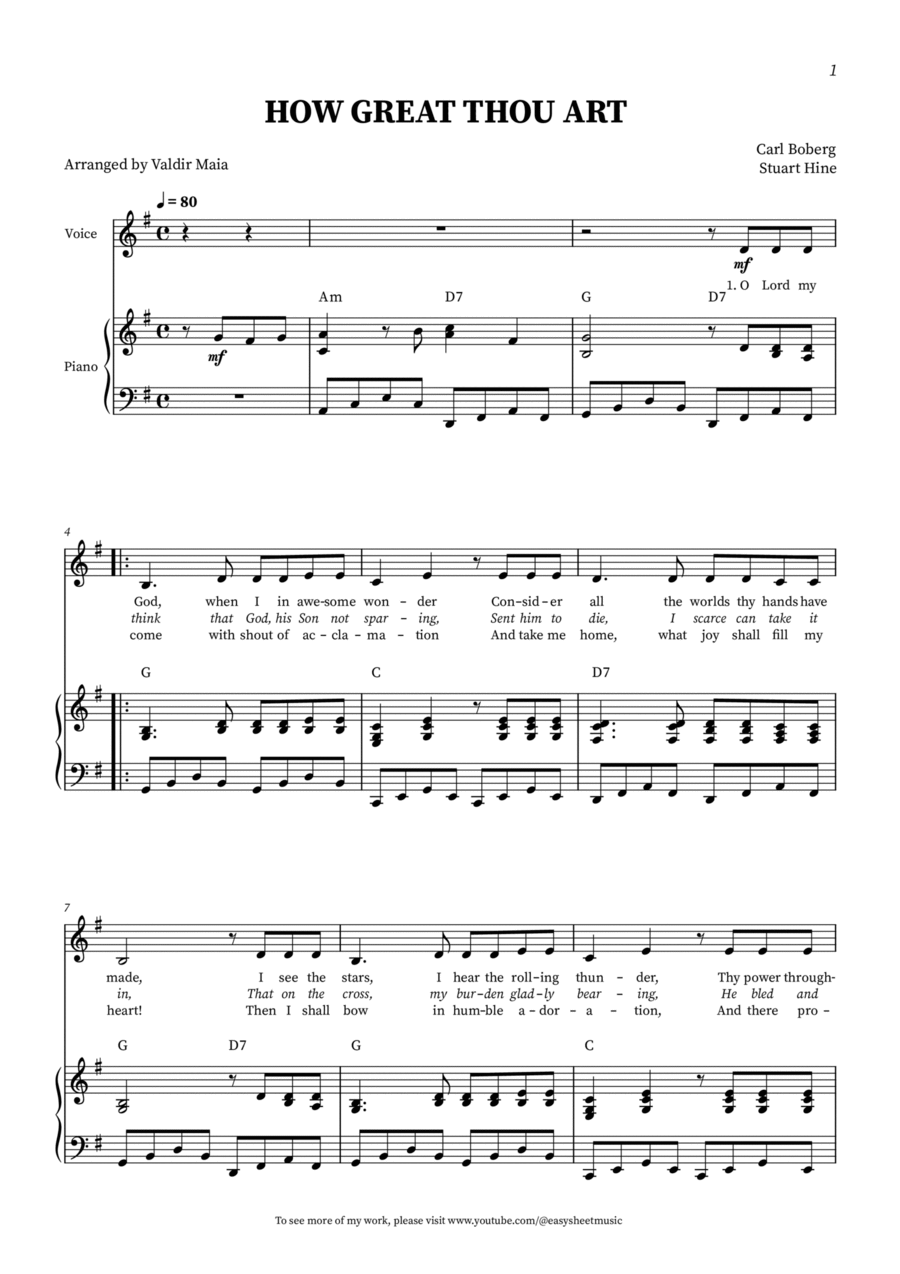 How Great Thou Art -Solo Voice in G with Piano Accompaniment Piano, Vocal, Guitar scores gallery preview page 1