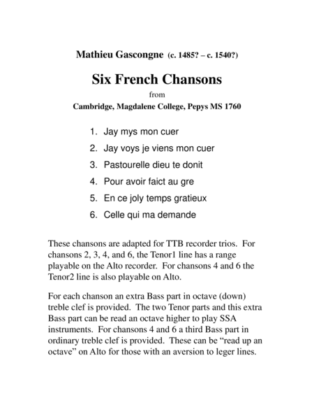 Six French Chansons for TTB and SSA Recorder Trios image number null
