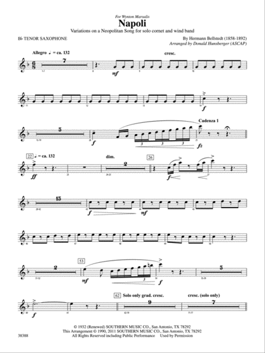 Napoli: B-flat Tenor Saxophone Concert Band scores gallery preview page 1